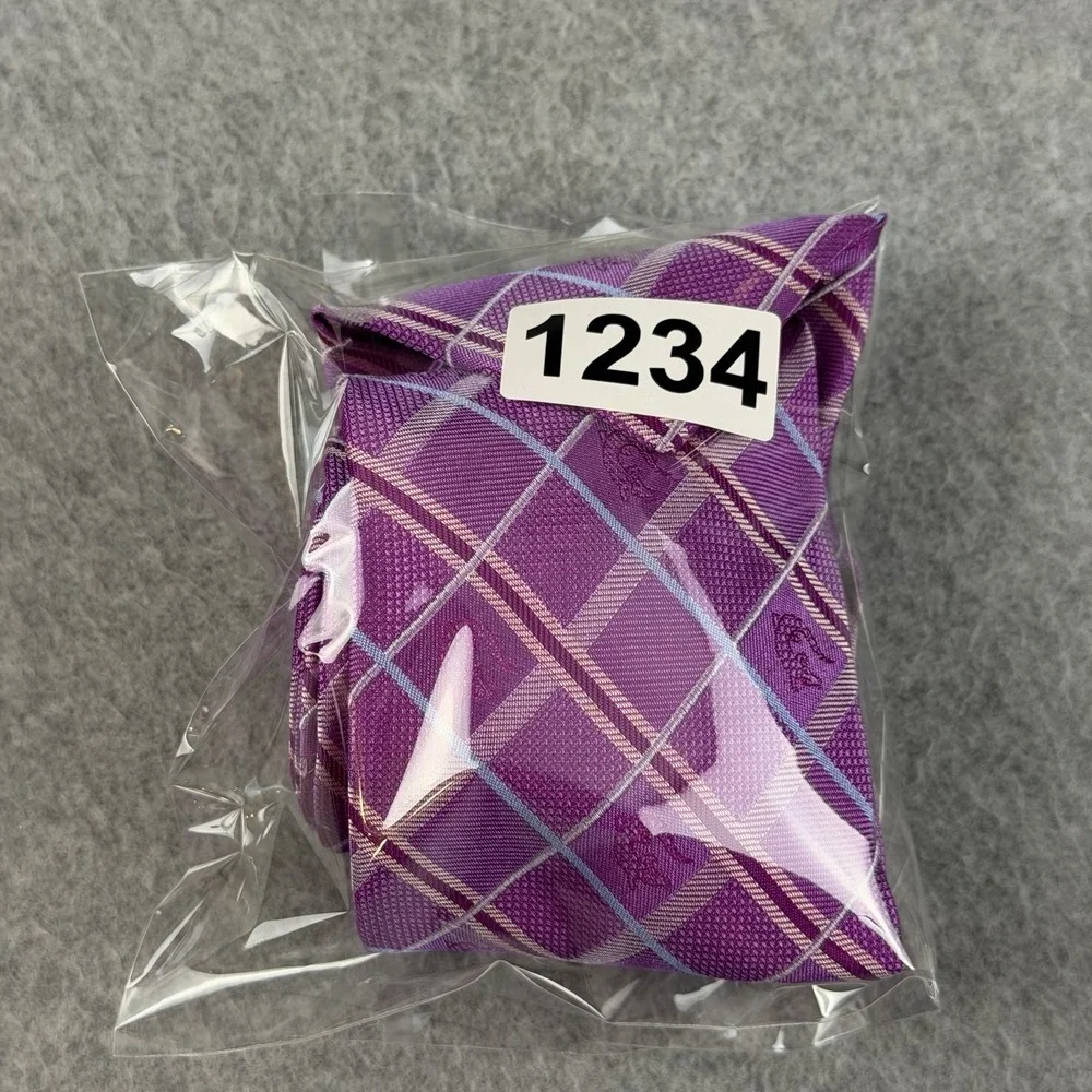 Vintage Jan Leslie Italy Silk Tie Purple Pink Plaid Woven Lizard 58x3.25